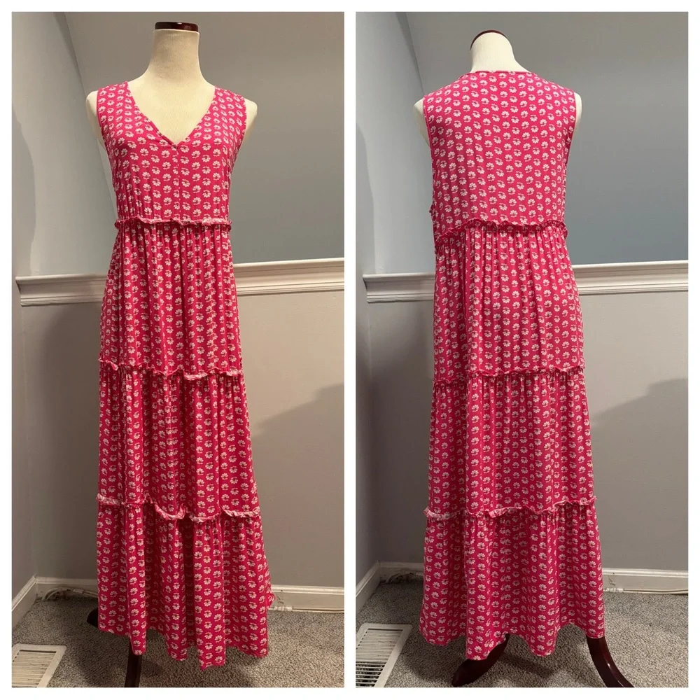 J. Crew Factory Pink Floral Tiered Midi Dress - Picture 4 of 8
